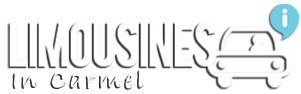 Logo for "Limousines in Carmel" with bold white text, a car icon featuring a driver, and a blue information symbol on a black background.